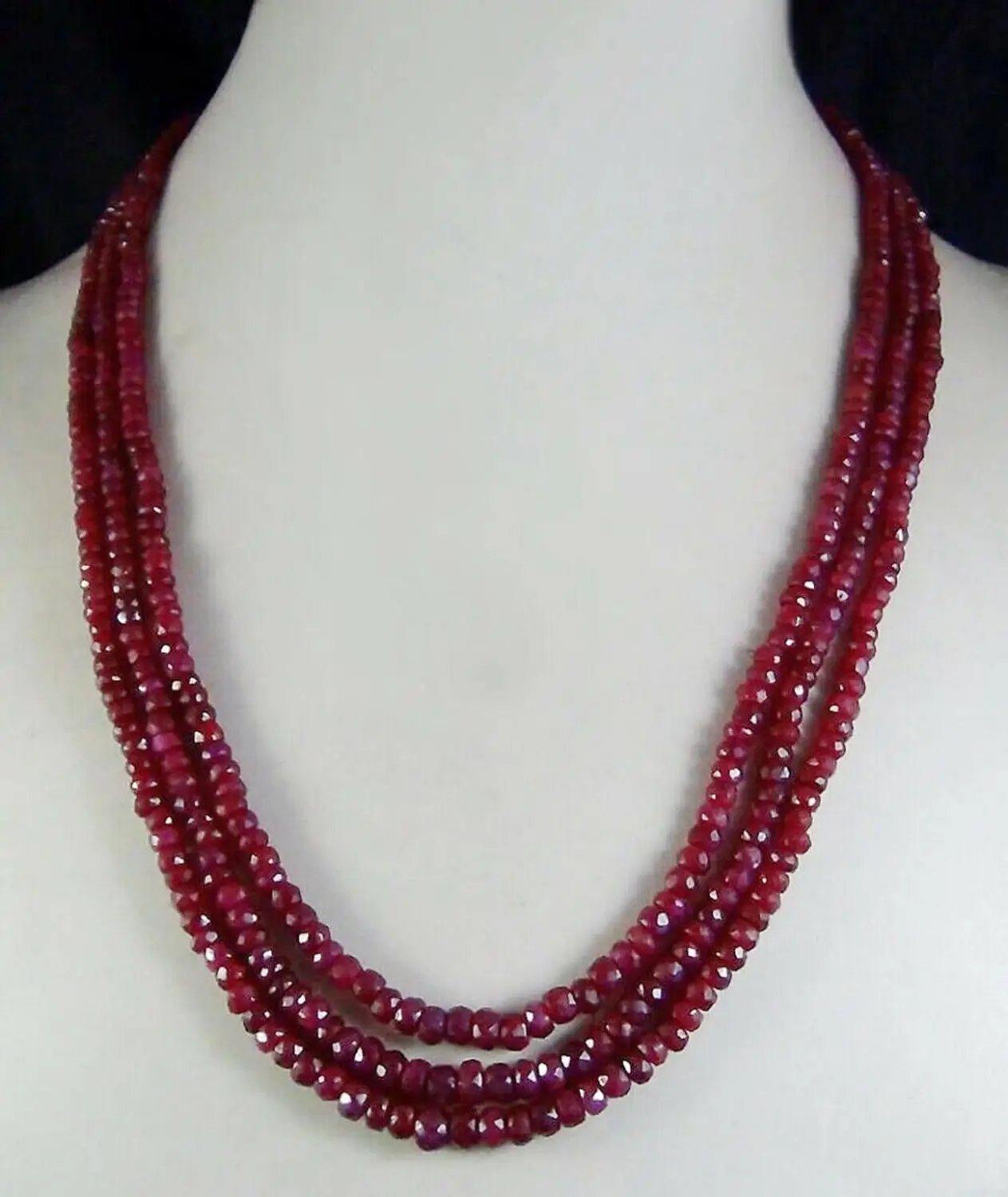 

Natural 3 Rows 2x4mm Faceted Ruby Gemstones Roundel Beads Necklace AAA 17"-19