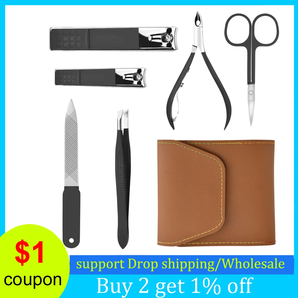 Conjunto de Aço Terno com Bolsa Cortador para Ferramentas Portátil Unha Clippers Inoxidável Profissional Tesoura Aliciamento Manicuer pé Kit 6 Pçs