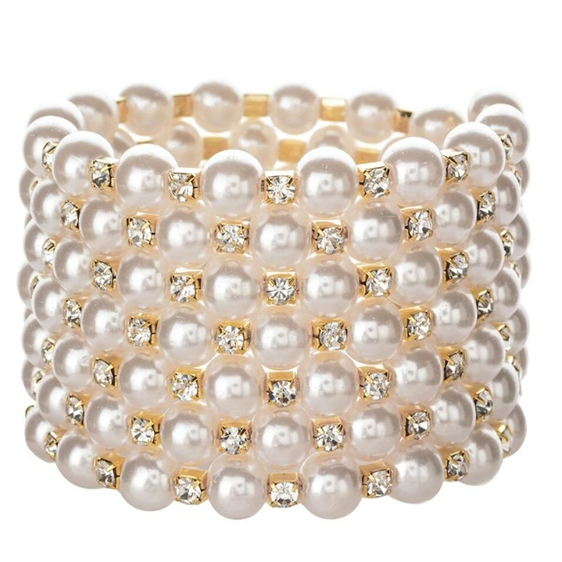Gold/Silver Pearl Bracelet with Crystals and Sparkling Diamonds Elastic Bracelet-7 Rows Art Deco Bridal Jewelry | Украшения и