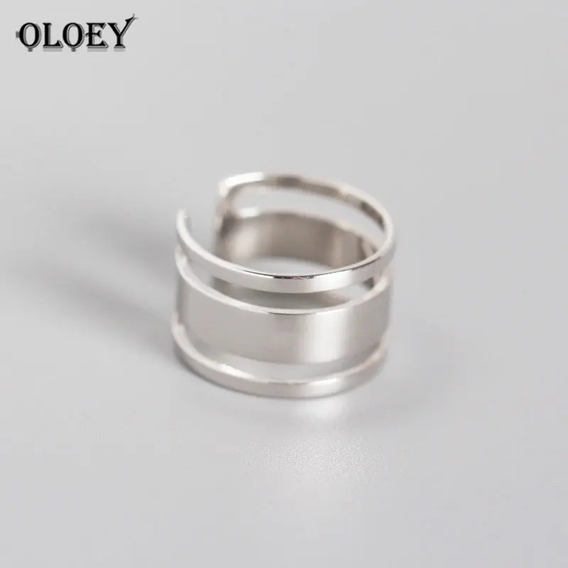 

OLOEY Genuine 925 Sterling Silver Open Rings for Women Korea INS Three-Rows Wide Adjustable Ring Fine Party Jewelry Gift YMR909