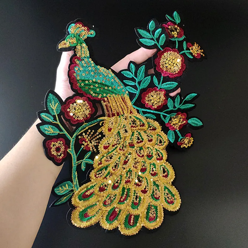 1pc Large Peacock Feather Embroidery Patches for Clothing Fabric Applique  African Lace Sew on Dress Clothes Accessory Diy 