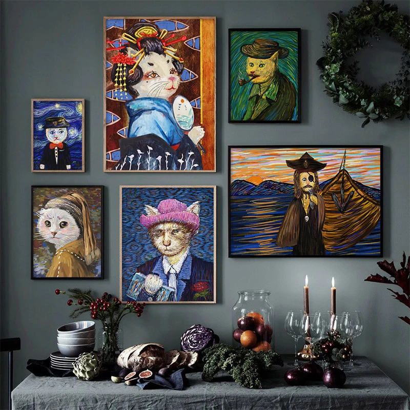 

Cat Van Gogh Modern Art Cartoon Posters And Prints Canvas Painting Wall Pictures For Living Room Kid's Bedroom Cuadros Decor