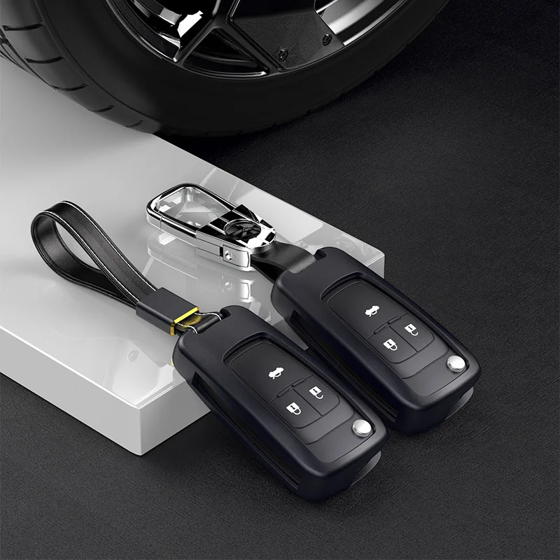 

Aluminum Alloy Smart Remote Key Case Fob Cover Shell Keyless Entry Holder Fits for Chevrolet 3 Buttons with Leather Key Strap