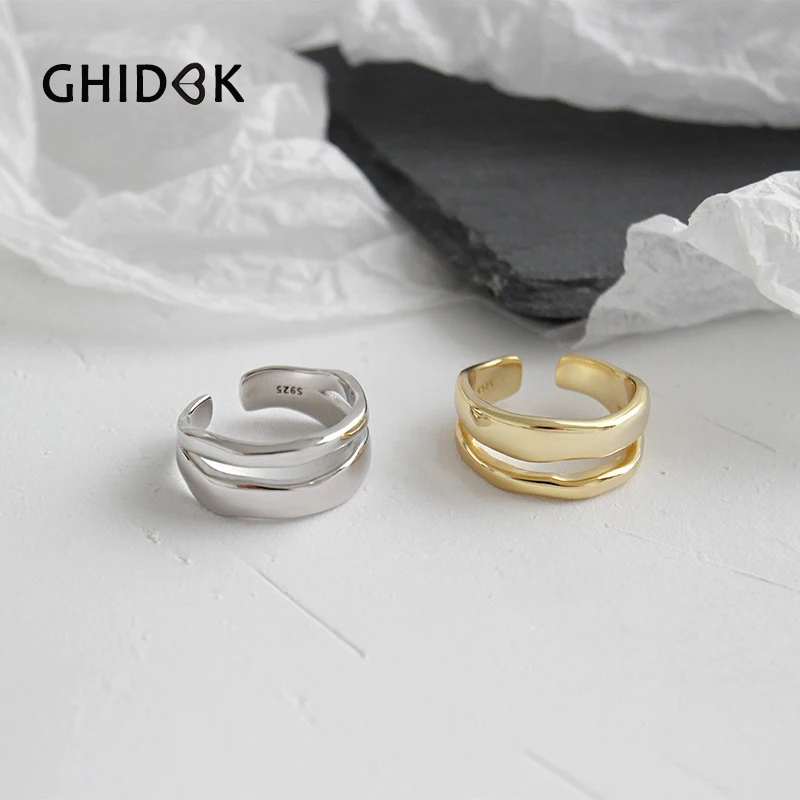 

GHIDBK 925 Sterling Silver Double Layered Wide Open Rings Ins Irregular Adjustable Wire Ring for Women Handmade Minimalist Ring