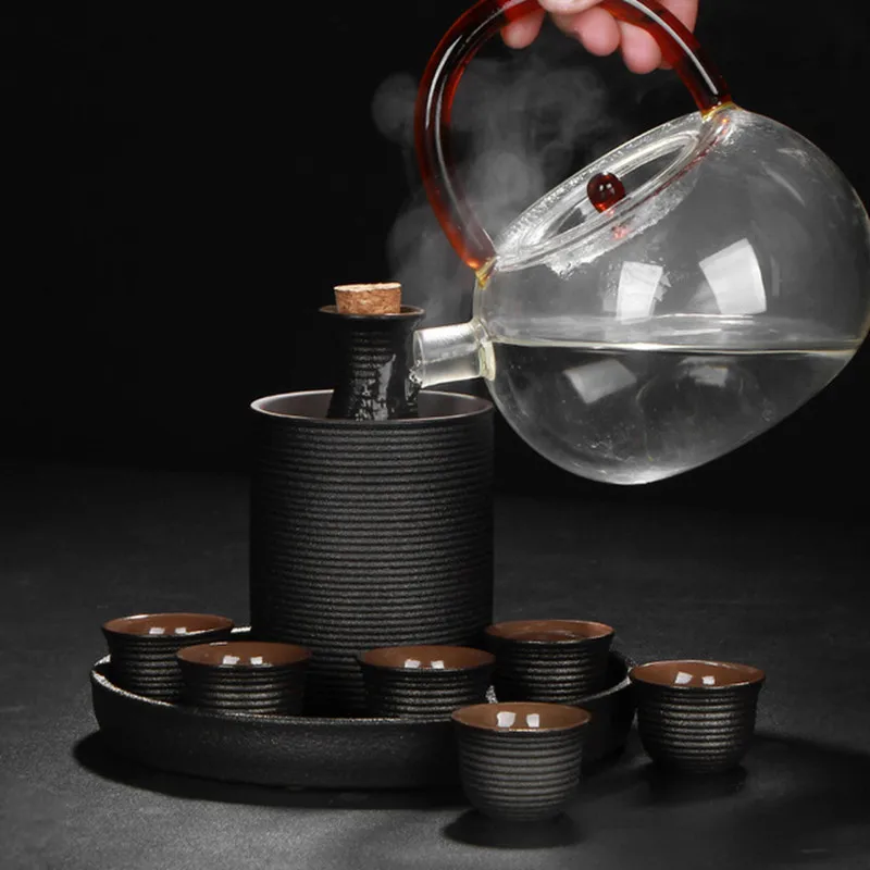 Ceramic Black Pottery Wine Set Small Wine Cup Divider Glass Japanese Sake Set