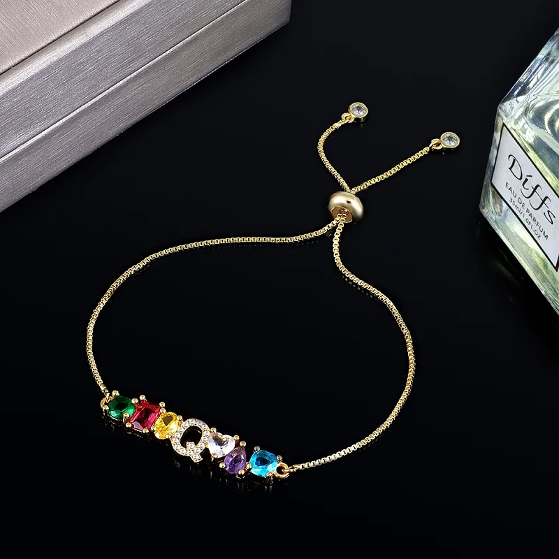 Свадебный браслет ABCDEFQ браслеты с буквами шарм Многоцветный CZ цирконий камень для женщин модные вечерние ювелирные изделия для помолвки