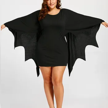

Novelty New Fashion Women's Plus Size Round Neck Long Sleeve Halloween Bat Sleeve Mini Dress Wholesale Free Ship платье Z4