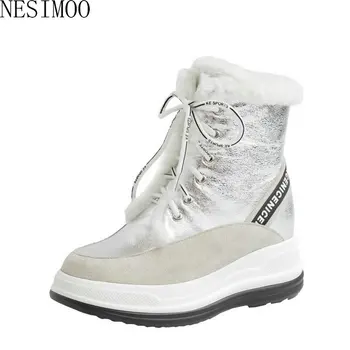 

NESIMOO 2021 Cow Suede PU Women Snow Boots Wedges Lace Up Zipper Ankle Boots Platform Plush Ladies Shoes Big Size 34-43