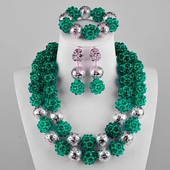 

Army Green Teal Green and Silver Crystal Beaded Ball Necklace Nigerian Wedding African Beads Jewelry Set