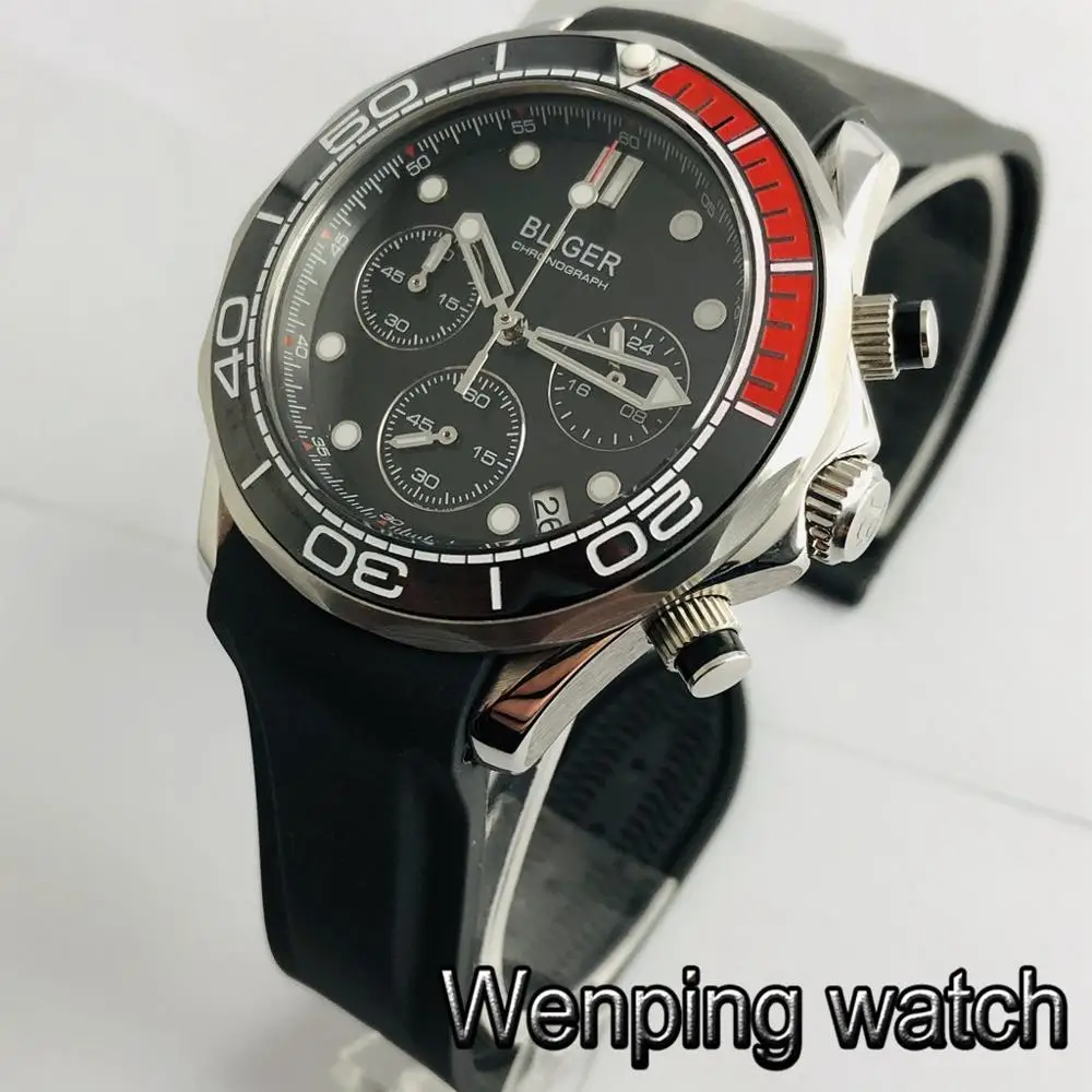 style D Часы Bliger 41 мм, серебристый чехол, сапфировое стекло, черный циферблат, светящийся резиновый ремешок, хронограф, кварцевые мужские часы - Цвет: style D