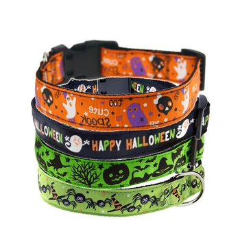 

Safety Casual Dog Collar Neck Strap Fashion Adjustable Halloween Pumpkin Bat Pattern Pet Dog Collar With Leash Ring