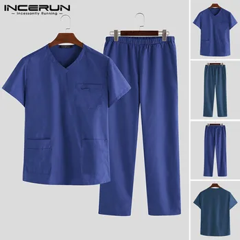 

Men Sets Homewear Short Sleeve V Neck T Shirt Vintage Pockets Elastic Waist Pants Casual Solid Men Cargo Sets Overalls INCERUN