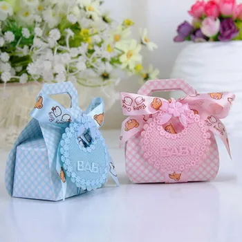 

60Pcs Paperboard Cute Bear Baby Candy Box Pink Blue For Cake Cookies Goodies Gift With Ribbon Party Favor Box Wedding Decoration