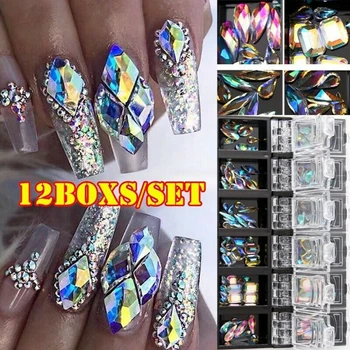 

12 Boxs/Set 3D AB Diamond Gems Nail Glitter Rhinestone Glass Crystal Nail Art Decor Nail Art Decorations Ozdoby Do Paznokci