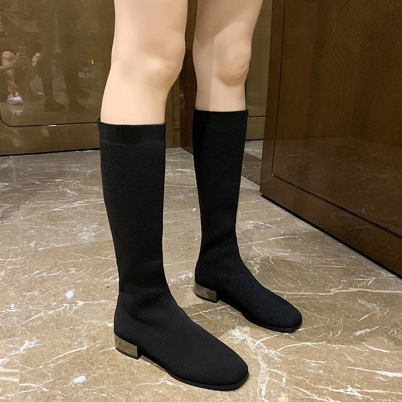 Botas tejidas con calcetines altos hasta el muslo para mujer, botines invierno con tacón de Metal, tela elástica, negro hasta la rodilla, tacón bajo, 2020|Botas hasta la rodilla| -