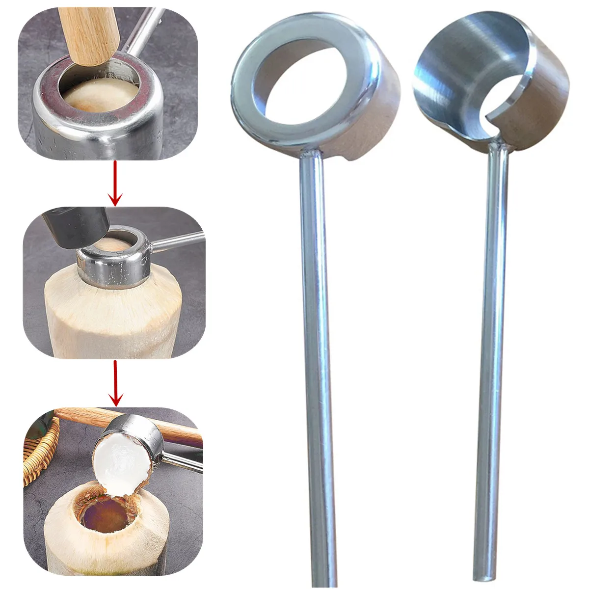 

Coconut Opener Tool Set Food Grade 304 Stainless Steel Opener Rubber Hammer Easy to Use Durable