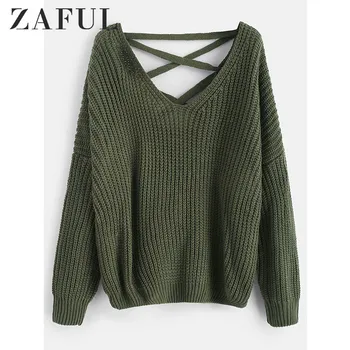 

ZAFUL Women Jumper Casual Sweater Drop Shoulder V Neck Chunky SweaterLoose Lace Up Pullover Micro Elastic Solid Tied Top 2019