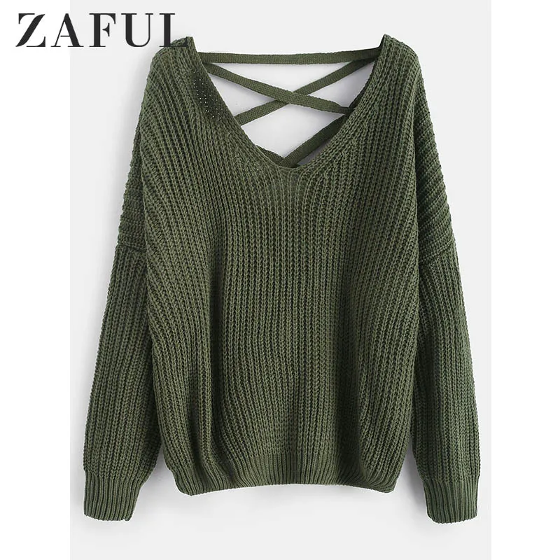 ZAFUL женский джемпер Повседневный свитер с заниженным плечом и v-образным вырезом