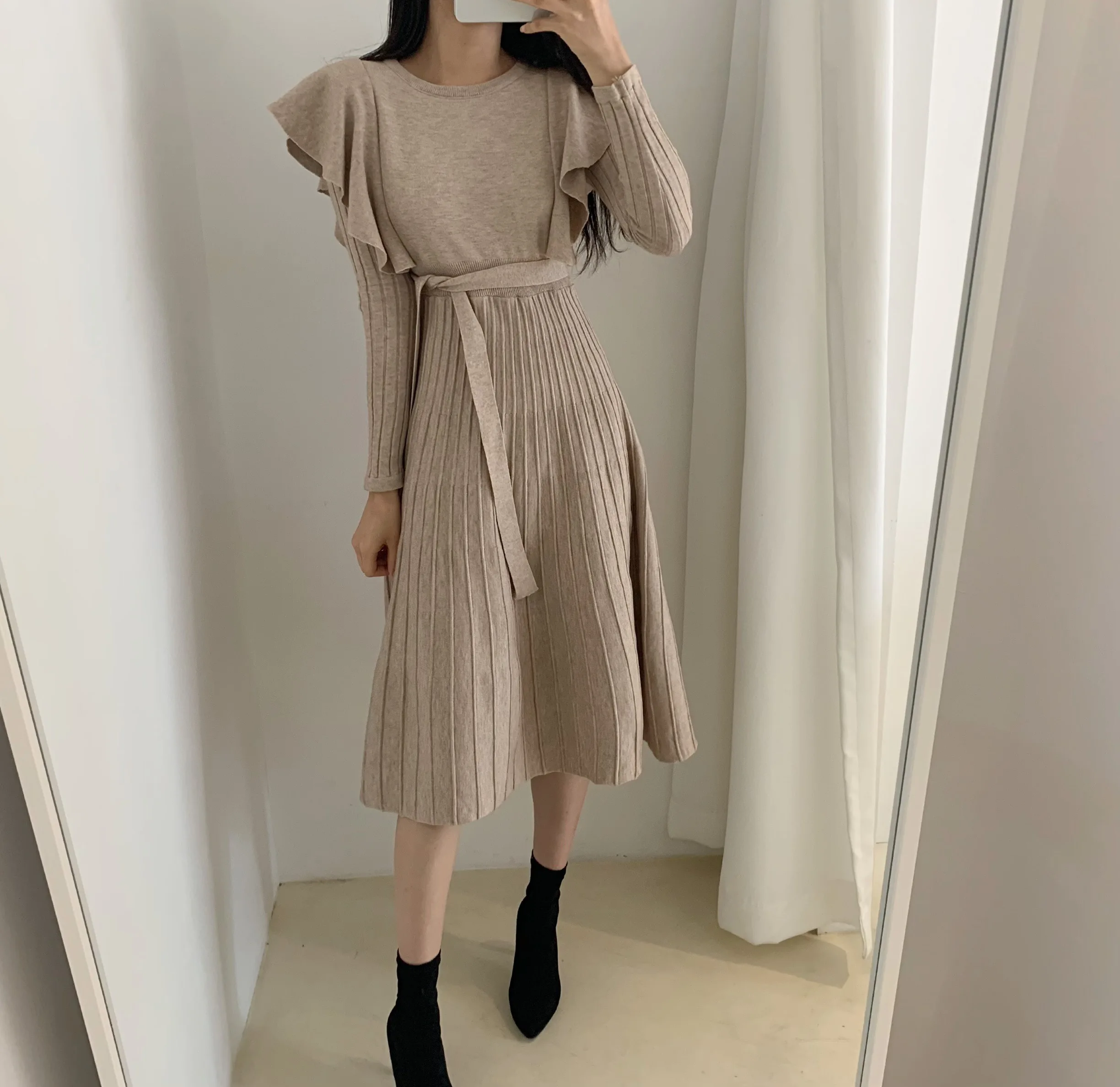 

HziriP Spring Women Dresses OL Long Sleeve Ruffles Knitted Sweater Dress 2020 Autumn Winter Lace-up Solid O-Neck Pullover Dress