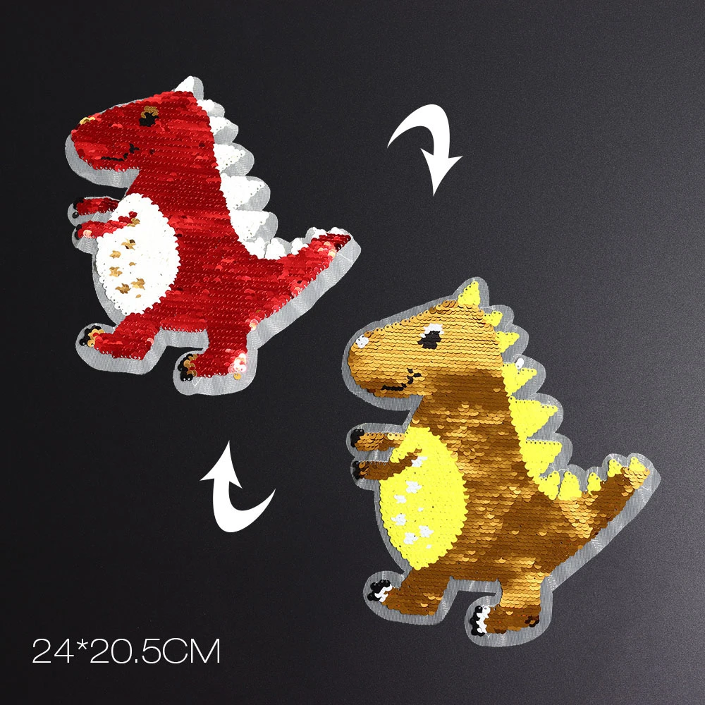 Cartoon Dinosaur Reverse Sequins Sew On Patches for Clothes Coat Sweater Embroidered Change Color Reversible Patch Appliques
