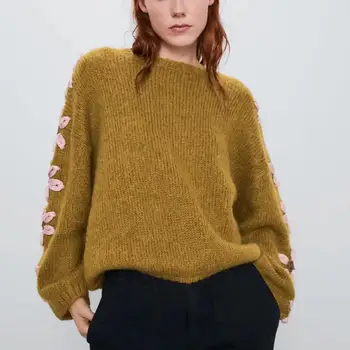 

ZA 2019 women sweater winter yellow knitted oversize flower decoration sleeve sweater Casual fashion female tops woman pullover