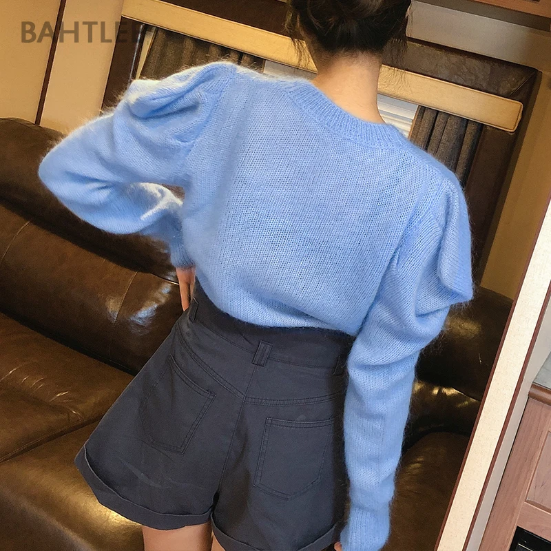 BAHTLEE Women Mohair Short Pullover O-Neck Sweater