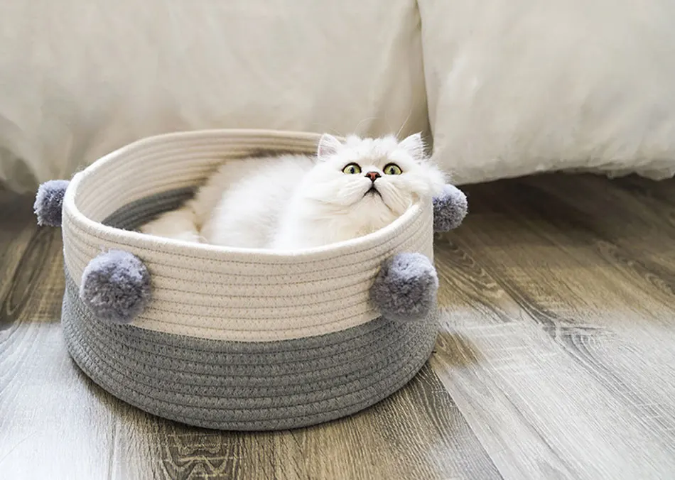 Weave Cat Bed House Dog Bed For Small Dogs Cat Basket Pompon Decorate All Seasons Sleeping Bed Puppy Mat Supplies Pet Rest House-99