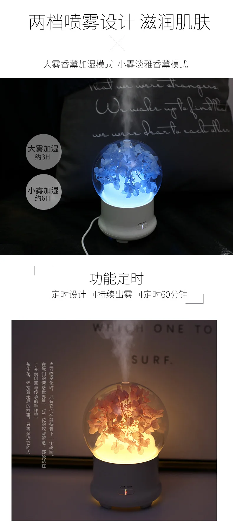Creative New Style Preserved Fresh Flower Aroma Diffuser Colorful Fragrance Night Light Mini Humidifier Valentine's Day Lovers'