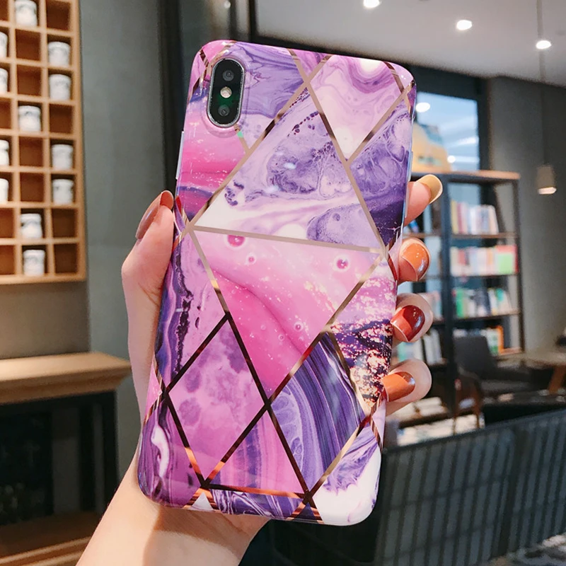 

Geometric Marble Texture Phone Cases For iPhone XR XS Max 6 6S 7 8 Plus X Soft IMD Shockproof Electroplated Back Cover Coque
