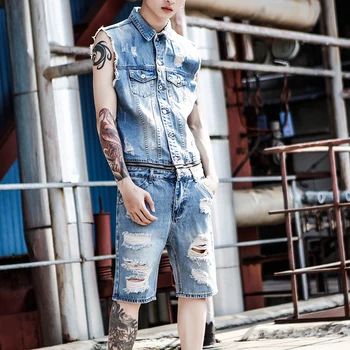

Denim jumpsuit male summer sleeveless one-piece suit jacket suit men and women couple jeans