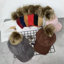 Новые вельветовые повседневные Шапки, теплая Толстая бархатная осенне-зимняя шапка, женская шапка с ушками, Женская Бейсболка с искусственным кроличьим мехом и помпоном