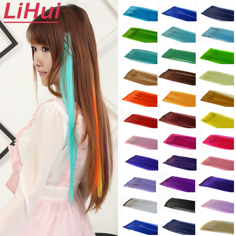 

LIHUI Colored Highlight Synthetic Hair Extensions Clip In One Piece Color Strips 20" Long Straight Hairpiece For Sports Fans