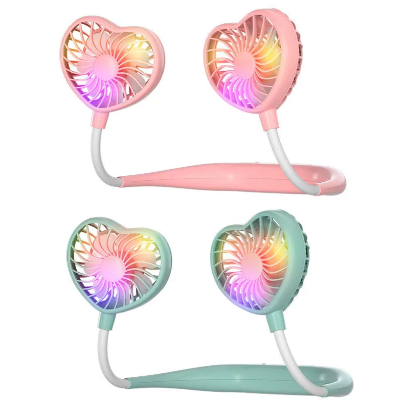 

New Love Heart Lazy Hanging Neck Fan Portable USB Charging Cooling Neckband Fan Mini Luminous Silent Air Cooler Outdoor Sports