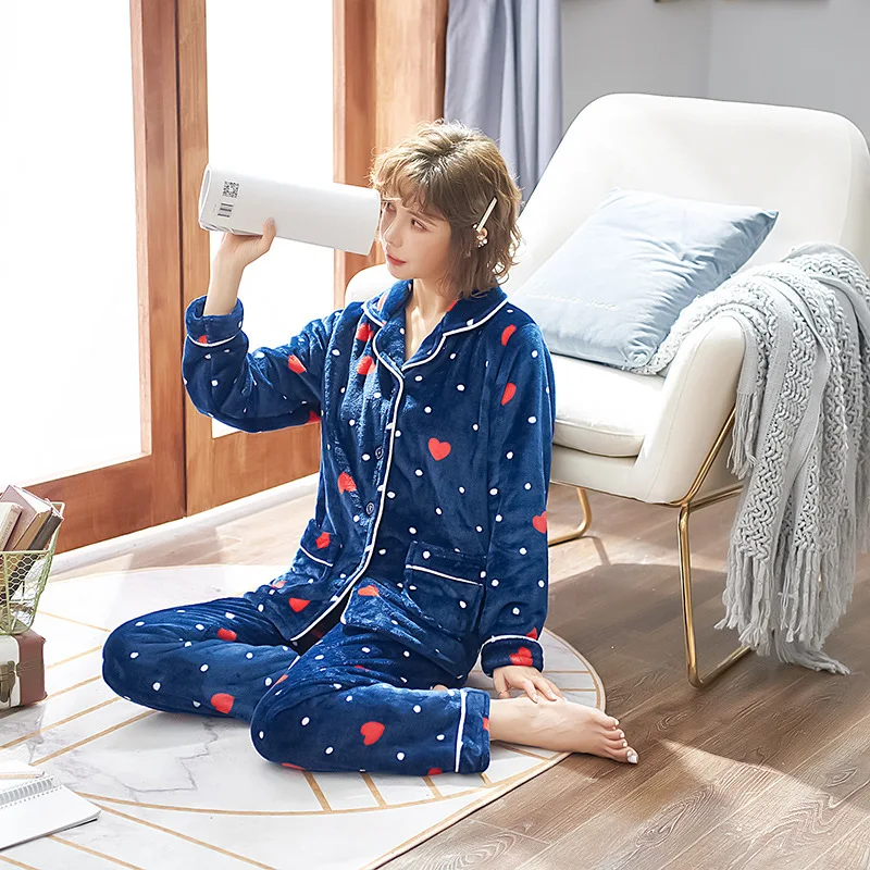 

Pajamas Women's Autumn & Winter Coral Velvet Long Sleeve Tracksuit Flannel Thick Winter Large Size plus Velvet Thermal Suit