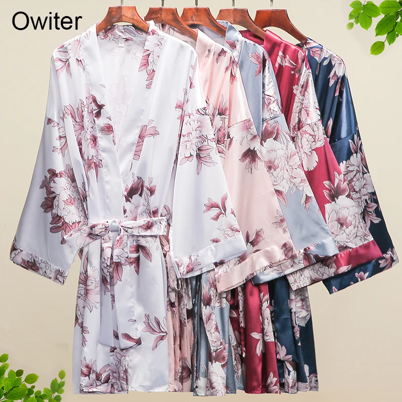 Owiter с цветочным принтом обувь из сатина для невесты Robe Свадебные вечерние подарок халаты Шелковый халат одежда подружек невесты для девочек в цветочек Халат короткий халат