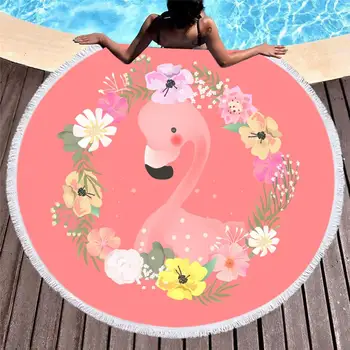 

Flamingo Round Beach Towel Tassel leaf Blanket Picnic Yoga Mat Travel Boho Tablecloth Absorbent Swimming mat toalla de playa 004