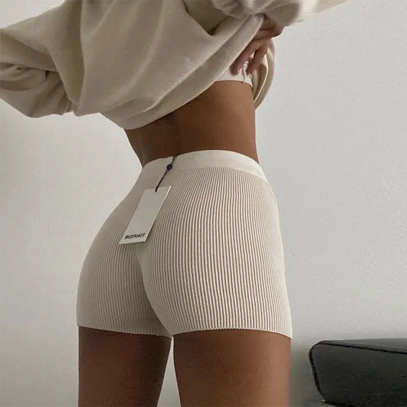 

Women's Stretch Safety Short Solid Color Ribbed Knit High Waist Fitness Sports Shorts Cycling Bike Shorts Basic Sweat Pants