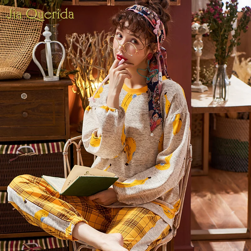 2020 New Spring Student Girl's Sleepwear Round Collar Pajamas Set Plus Size Grey Top Loose Puff Sleeve Elasticated Long Pants