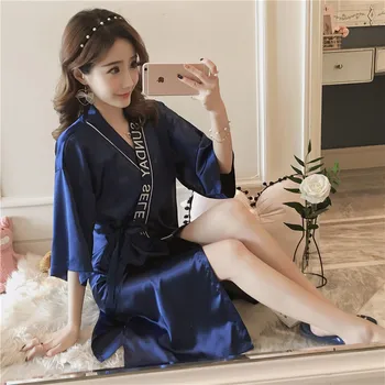 

Cute Navy Blue Sleepwear Loose Ladies Nightgown Autumn Women's Long Satin Silk Homedress Women Long Sleeve Soft Print Sleepdress