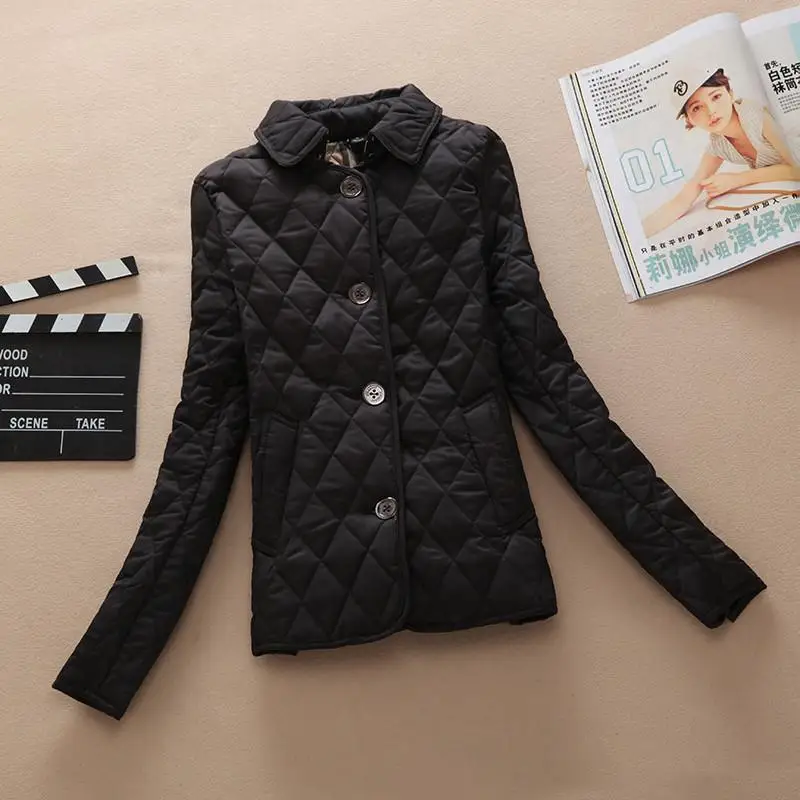 Женские куртки, простое осеннее хлопковое пальто, стеганое повседневное пальто, куртка, модная верхняя одежда, клетчатая стеганая парка - Цвет: Черный