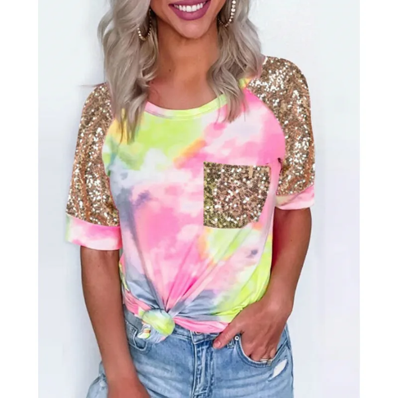 

Summer Top Women T-shirt Casual Tie-Dye Tee T Shirt Harajuku Summer Sequins Patchwork one Neck Short Sleeve Top Tshirt
