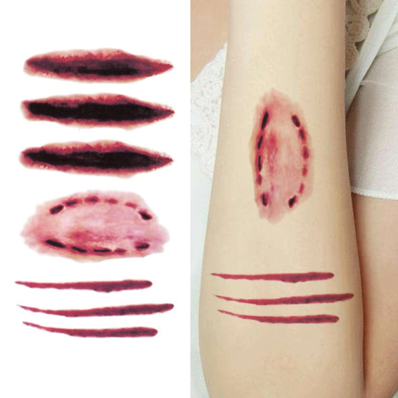 5pcs Waterproof Tattoo Stickers Halloween Terror Wound Realistic Blood
