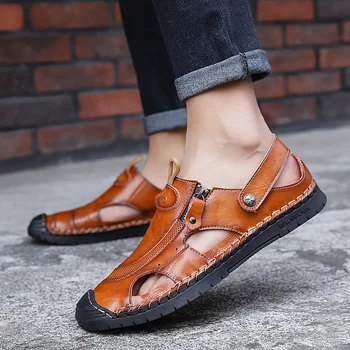 

2020 Summer Male Slides Ankle Strap Holes Slip-ons outdoors Sandals Genuine leather Casual flat Men's shoes Fashion comfort