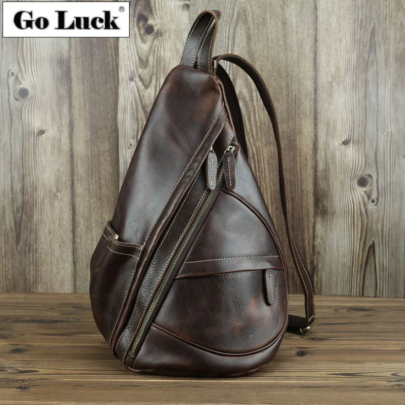 

GO-LUCK Brand Genuine Leather Small Unisex Casual Travel Backpack Men Women Double Shoulder Bag Multi-usage Chest Sling Packs