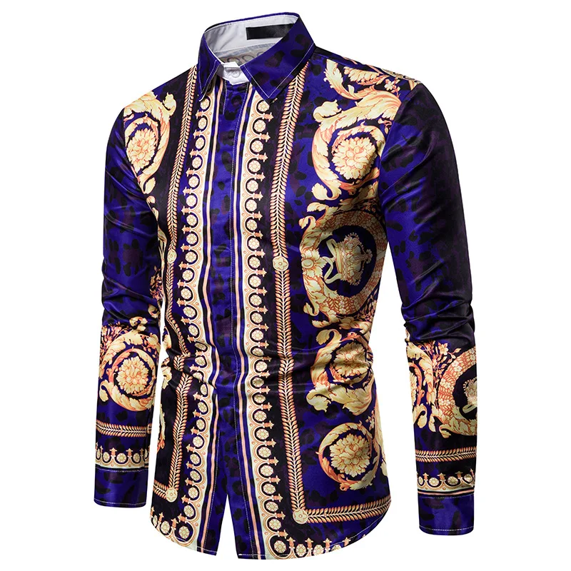Online Luxus Floral Shirt Männer Royal Crown Print Beiläufige Mens hemden Slim Fit Camisa Sozialen Blau Barock Party Formale Shirts Für männer 3XL