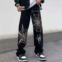 Spider Web Embroidery Straight Casual Jeans Pants Men and Women Vibe Style Ripped Oversize Loose Denim Trousers Streetwear
