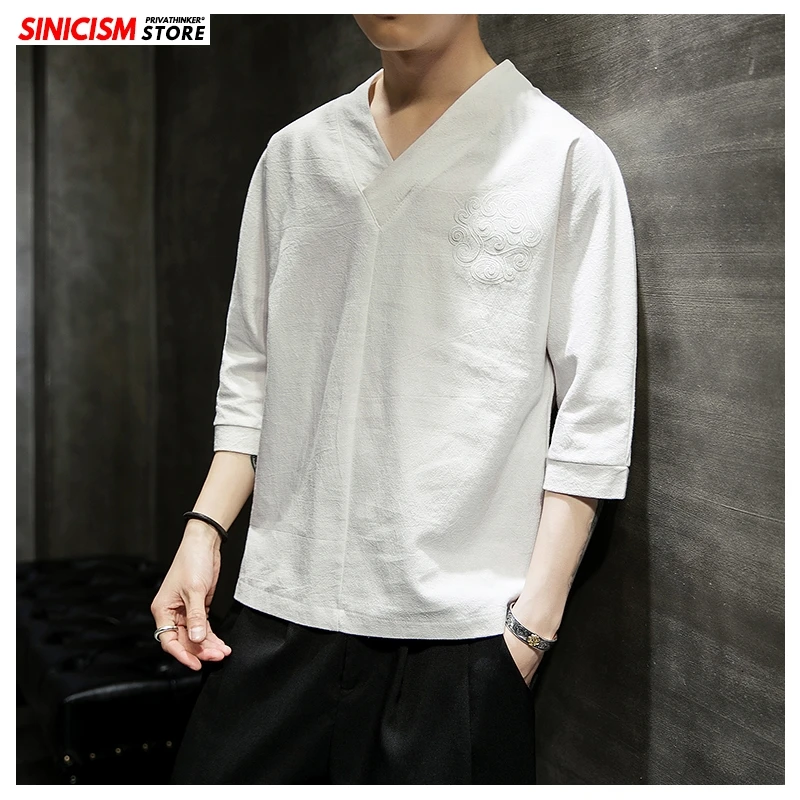

Sinicism Store 2020 Men Oversize Chinese Style T Shirt Men Spring Casual Vintage T Shirts Male Fashion V-Neck Solid Clothes 5XL