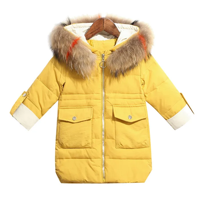 Yellow Детские зимние теплые куртки-пуховики на утином пуху верхняя одежда с капюшоном для маленьких девочек Детский пуховик для девочек - Цвет: Yellow
