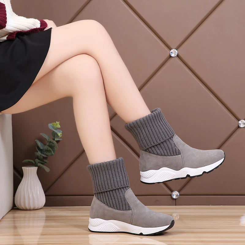 Новое поступление; зимние спортивные носки; женские кроссовки; эластичные ботильоны; женская мягкая зимняя обувь с отворотами серого цвета; меховая плюшевая платформа