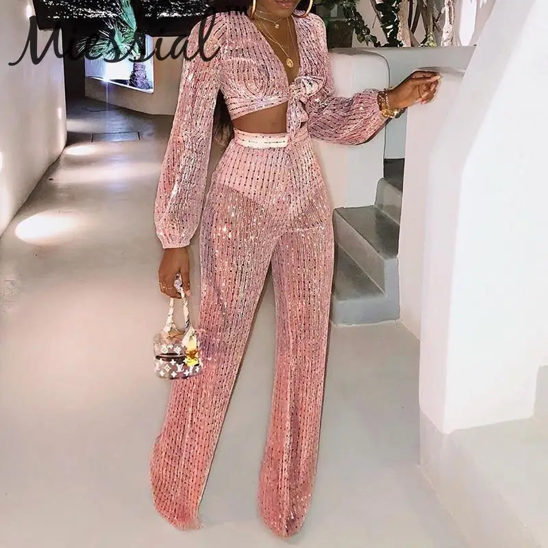 

Miessial Lurex sexy wide leg jumpsuit women Bandage romper 3 piece suit jumpsuit Female long bodysuit party club autumn overalls
